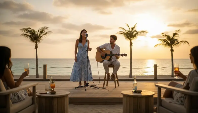 Acoustic duo with a female singer and a male guitarist playing on a beach terrace at sunset in Dubai