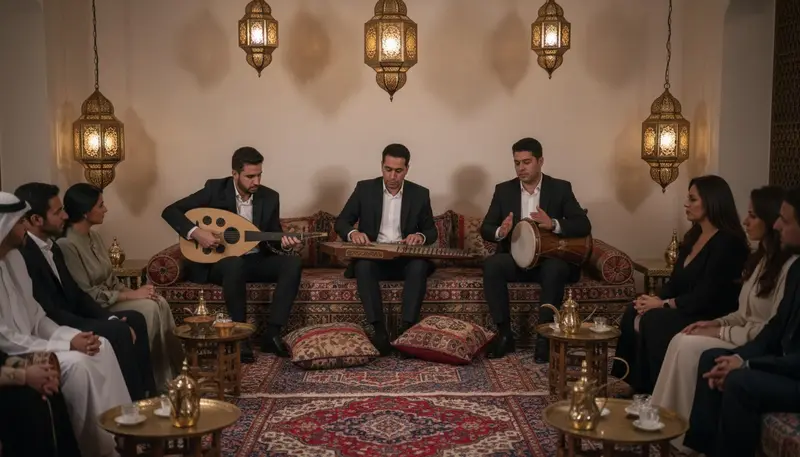 Arabic band with oud, qanun and darbuka playing in an elegant majlis at an evening event in Dubai