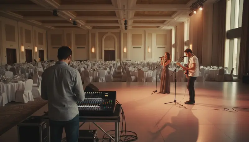 Band and sound engineer doing a soundcheck in an empty event hall in Dubai before guests arrive
