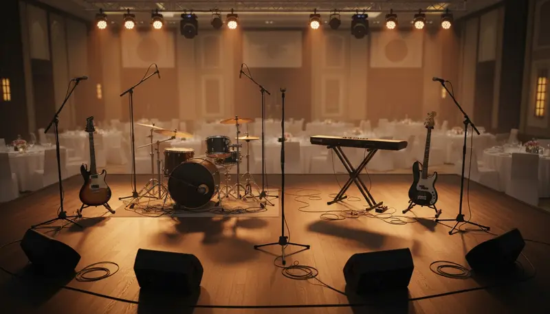 Empty band stage set up before an event in Dubai with a drum kit, keyboard, guitars and microphones