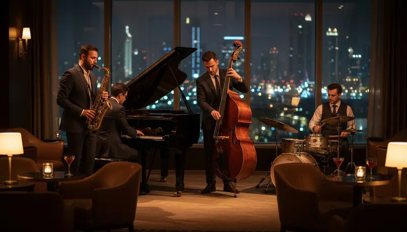 Jazz band with a double bass, piano, saxophone and drums playing in a dim hotel lounge in Dubai