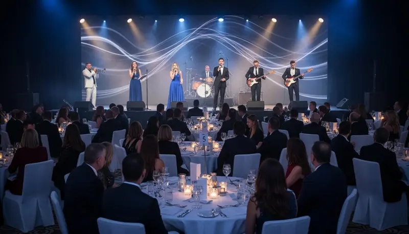 Live band on stage at a corporate gala dinner in a Dubai hotel ballroom with guests at round tables
