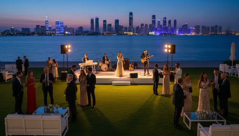 Live band playing on an outdoor stage by the water at an evening event in Abu Dhabi
