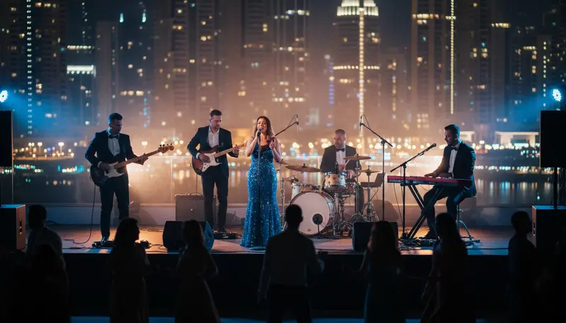 Live band with a female singer, guitarist, bass player, keyboard player and drummer on a rooftop stage at night in Dubai Marina