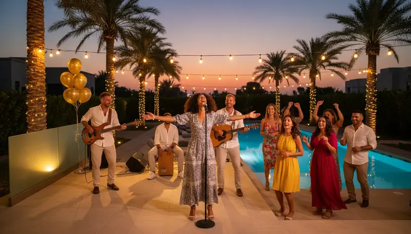 Party band playing by the pool at a private villa birthday party in Dubai with guests dancing