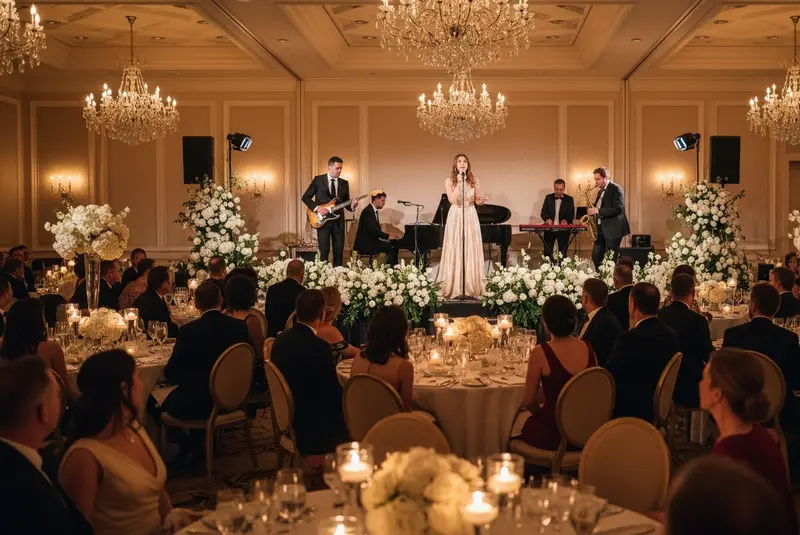 Wedding band playing on a small stage at a wedding reception in a Dubai hotel ballroom